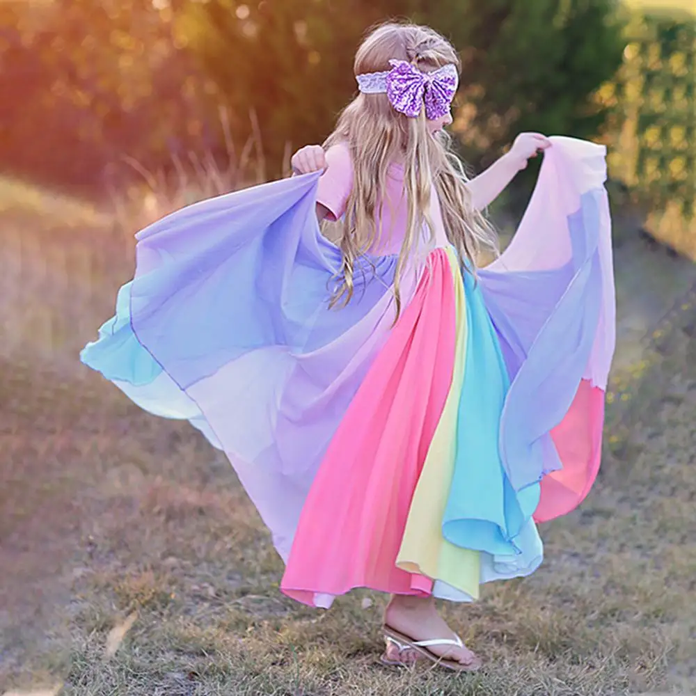 

New 2021 Baby Girls Princess Dress Toddler Kids Summer RainBow Cotton Chiffon Dresses Clothes Infantil Children Clothing for 2-6