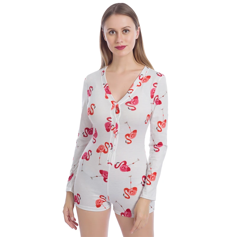 

Spring Autumn Casual Women Playsuits Flamingo Butterfly Jumpsuit Sexy Ladies Bodysuit Long Sleeve V-neck Home Women Bodycon