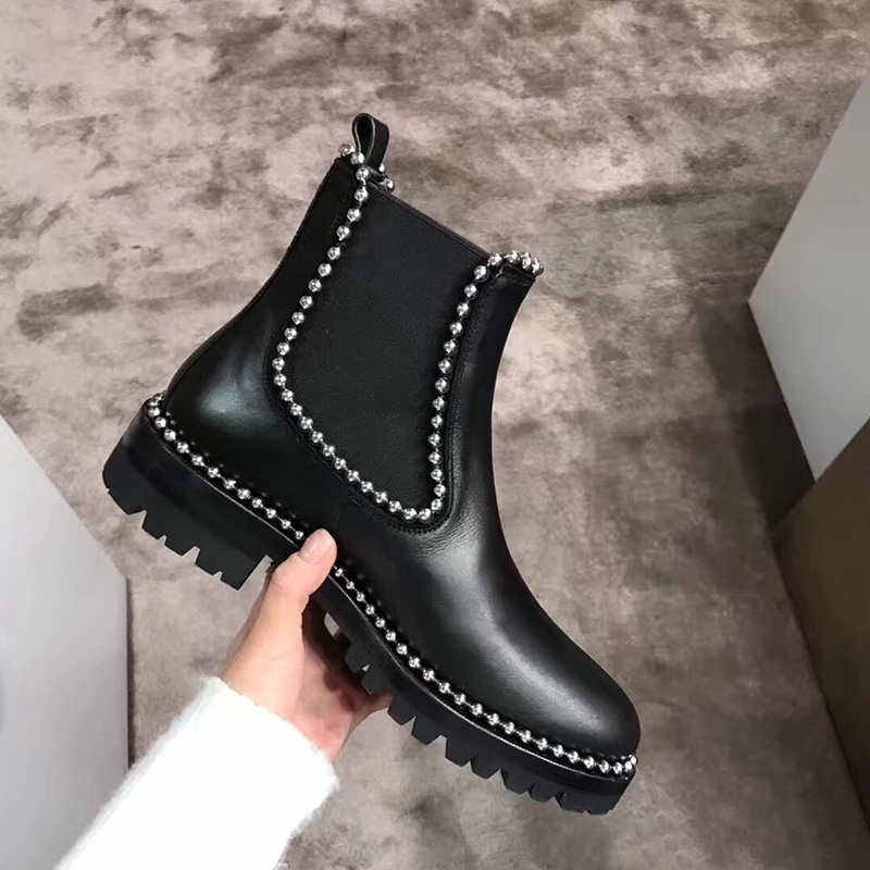 

Ollymurs Women Ankle Boots Brand Rivets short Boots Stretch Shoes Woman Black Leather Beading Biker Chelsea Boots