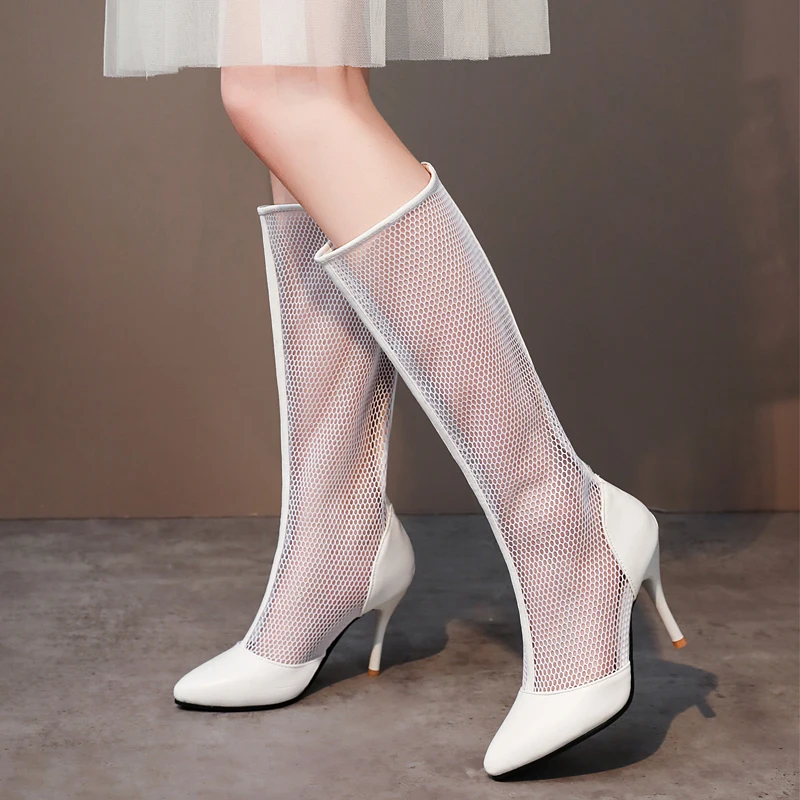 

EGONERY Women summer New Style Fashion High boots Gauze Solid color Pointed Toe Concise ventilation zipper Mature soft