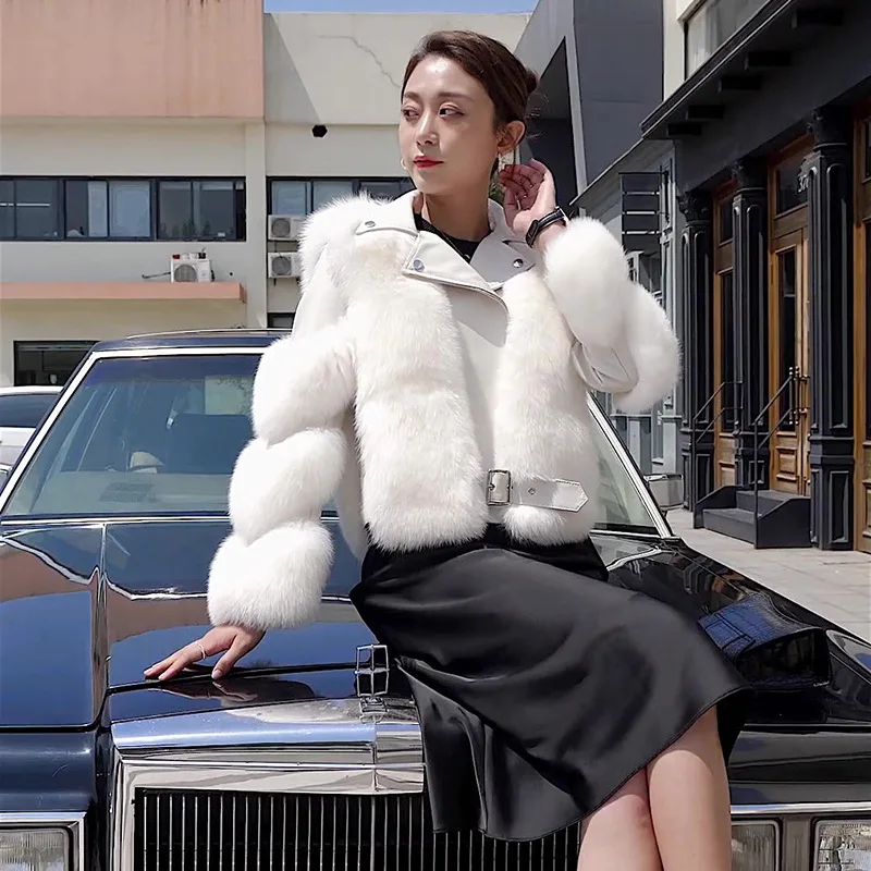 Autumn Winter Fashion New Sheep Skin Splicing Fox Fur Coat Women's Short Real Fur Wool Covered Button Lantern Sleeve Slim Jacket