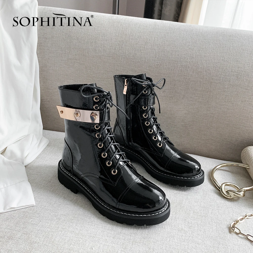 SOPHITINA/ботинки из натуральной кожи; Новинка; модные красивые Удобные однотонные ботинки на квадратном каблуке с металлическим украшением; женские ботильоны; MO312