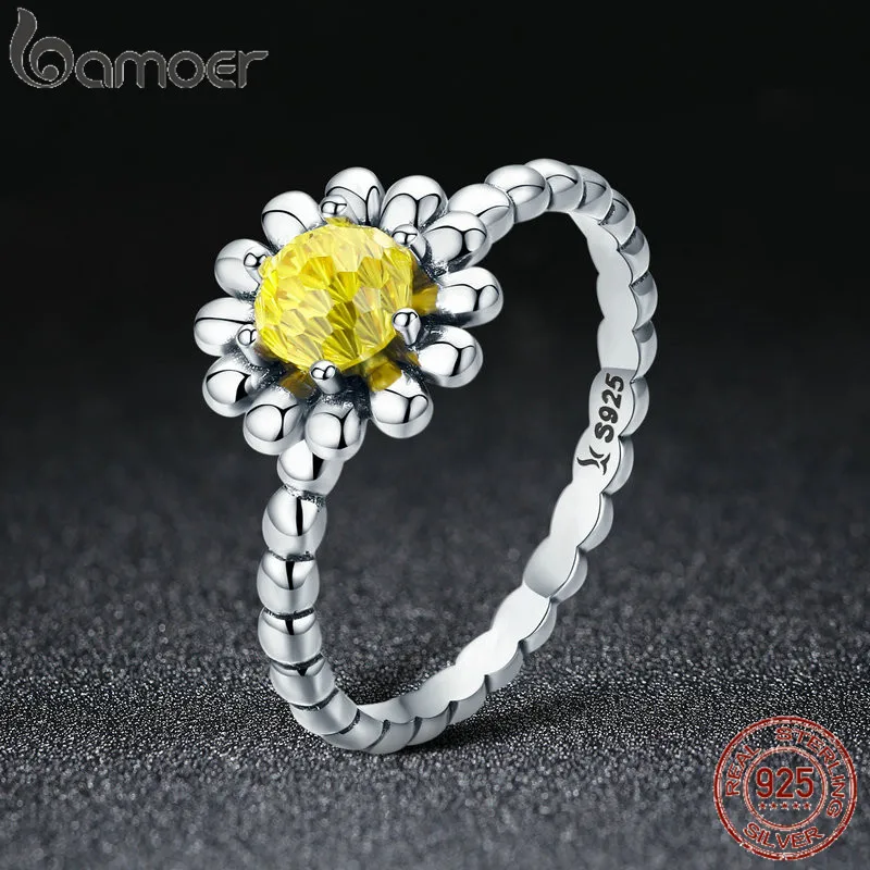 BAMOER Настоящее 925 пробы Серебряное кольцо с ромашками кубического циркония для женщин Свадебные украшения SCR238