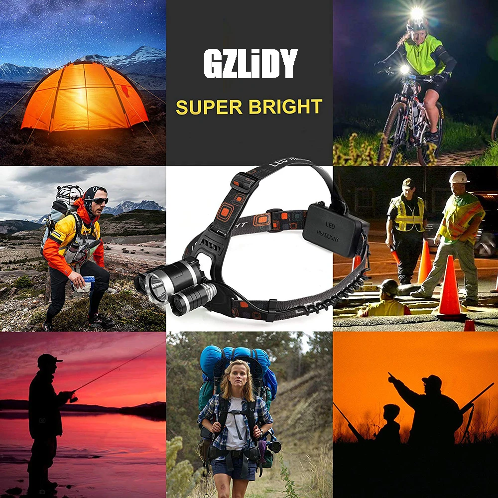 Суперъяркий светодиодный налобный фонарь 3xT6 водонепроницаемая рыболовная лампа