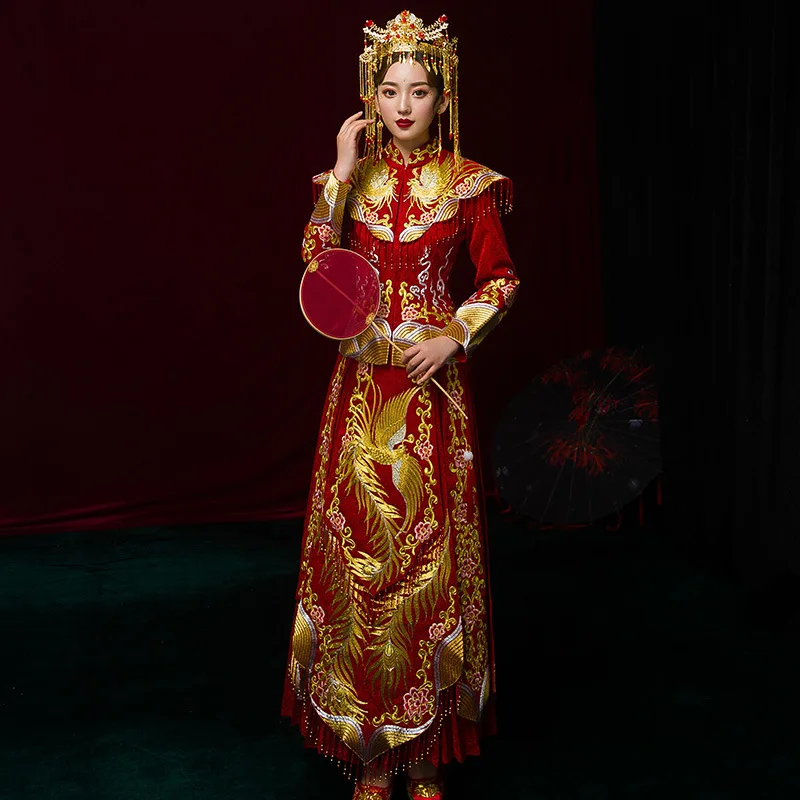 

Винтажный женский костюм Чонсам для брака традиционное платье с вышивкой Феникс Ципао азиатское свадебное платье для невесты