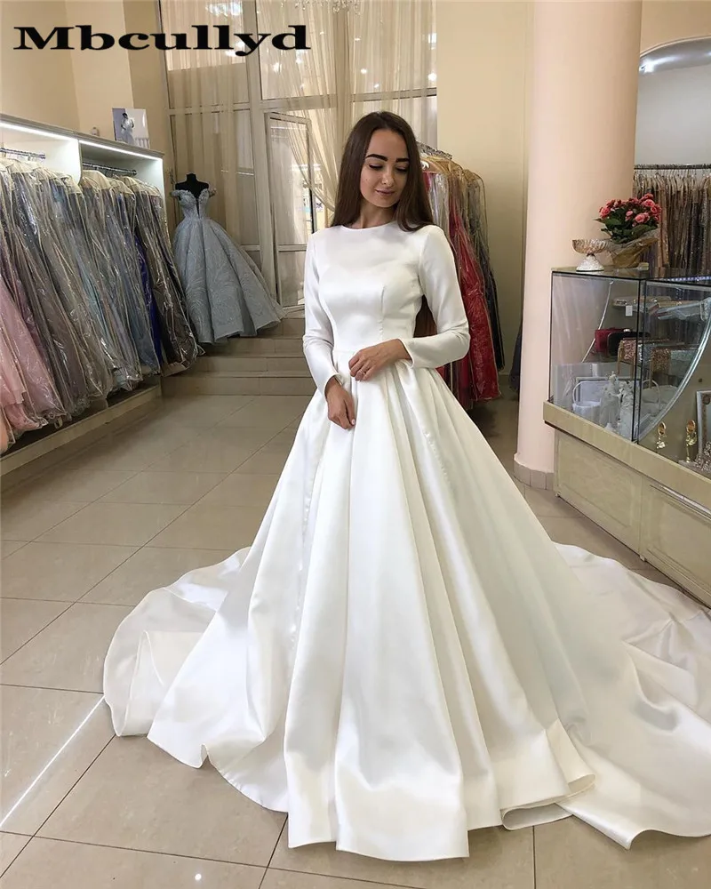 

Mbcullyd O Neck Long Sleeves Wedding Dress For Women 2023 White Satin A Line Bridal Dresses African Formal Vestido De Noiva