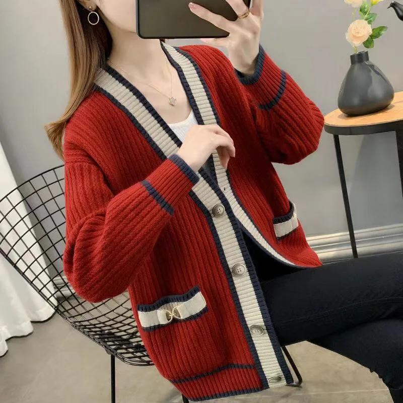 

WEIHAOBANG 2021 Autumn Winter Women's New Loose V-neck Knitted Sweater Coat Color Matching Pocket Long Sleeve Knitted Coat