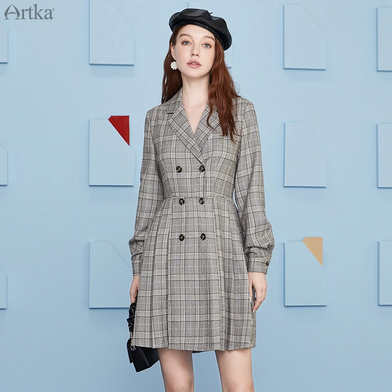 

ARTKA 2020 осеннее Новое Женское платье модное офисное Дамское Платье Блейзер винтажное клетчатое платье с v-образным вырезом двубортное платье...