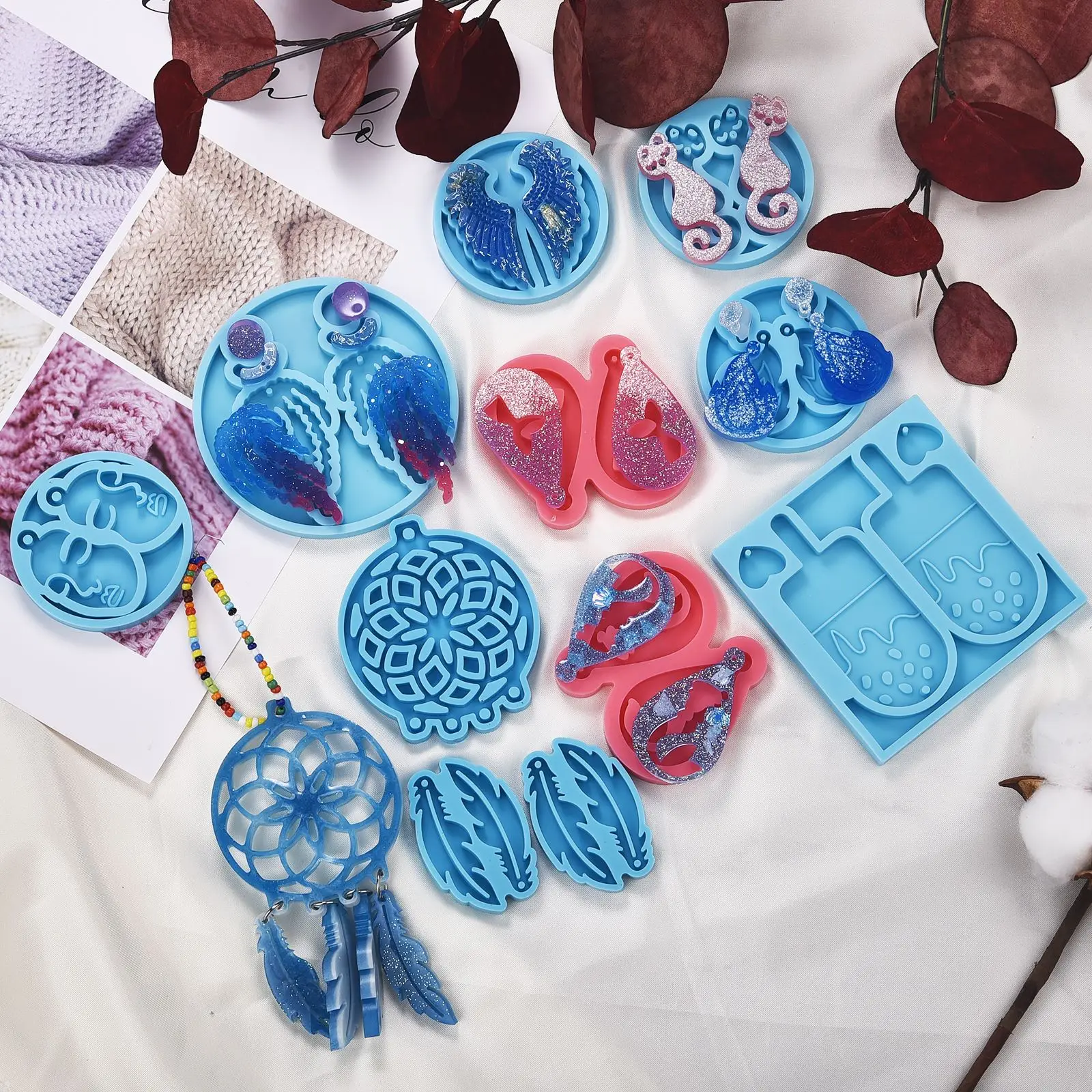 Серьги-подвески висячие серьги силиконовая форма Ловец снов крылья пара кошек