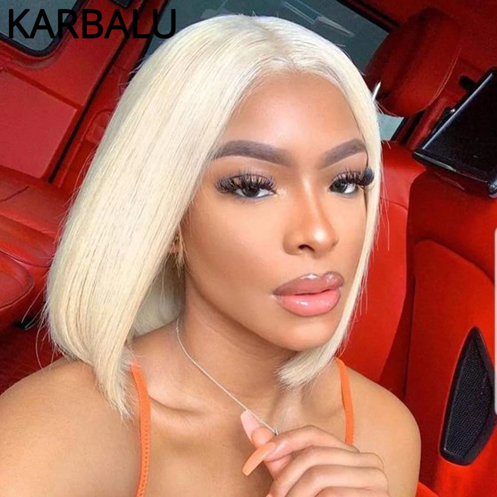 Karbalu 613 Blonde Straight Short Bob Wigs Human Hair 13x4x1 T Part Brazilian Remy for Black Women Middle Part with Baby Hair