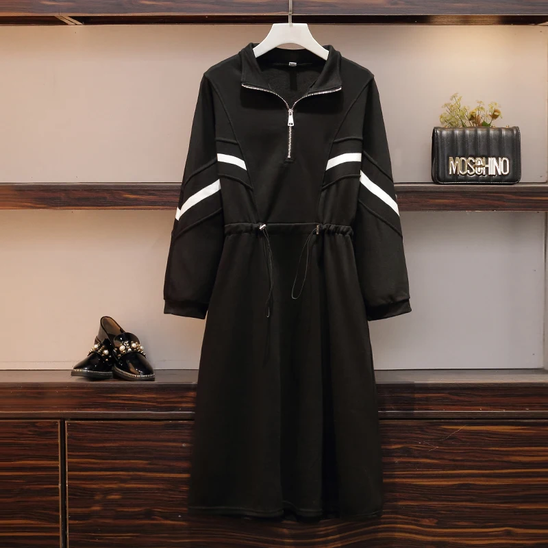 Black XL-5XL размера плюс женское Повседневное платье-Толстовка Осень Полосатое лоскутное платье с длинным рукавом и эластичной талией хлопковые платья - Цвет: Black