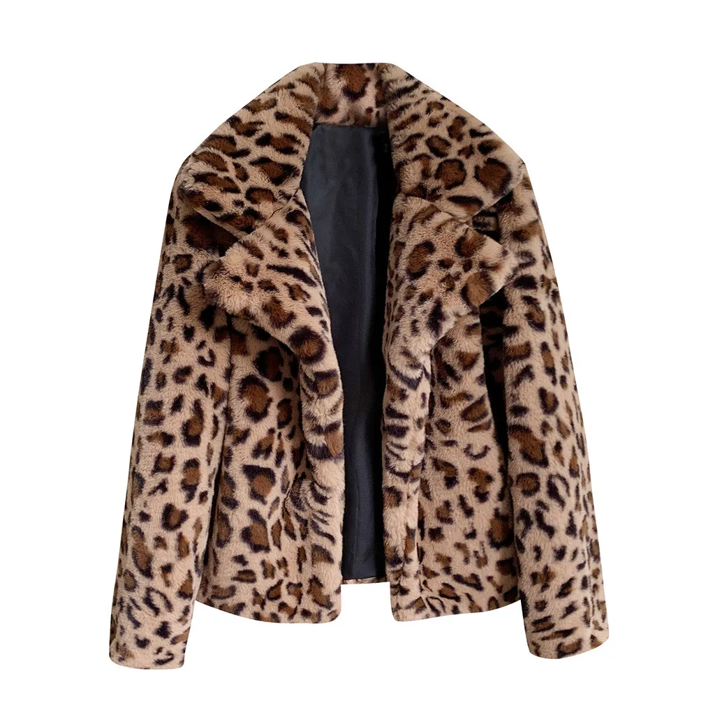 2020 Autumn Winter Loose Medium Short Windbreaker Lamb Coat Leopard Print Plush Women | Женская одежда
