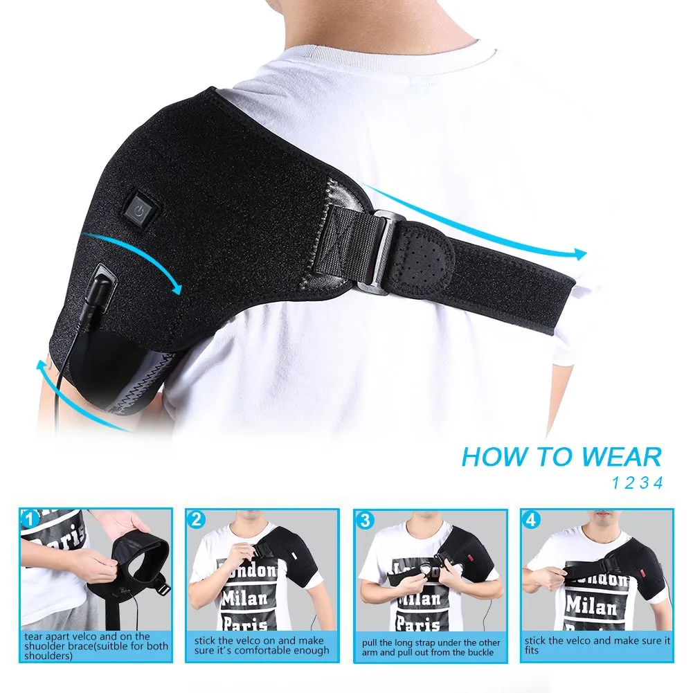 USB Charge Heated Shoulder Brace Adjustable Neoprene Single Support Hot Cold Therapy Wrap Pad Back Guard | Спорт и развлечения