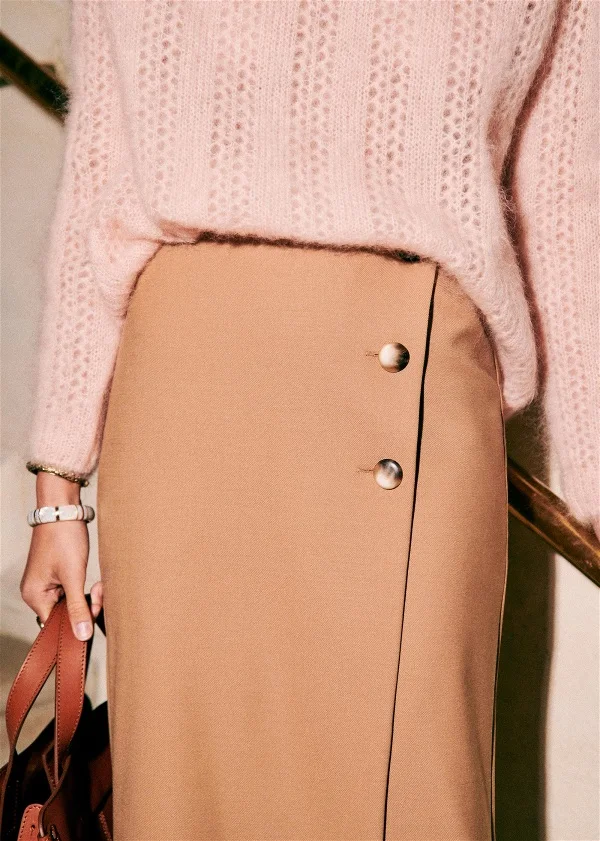 

Autumn 2020 New High Waist Side Button Mid-length Camel Skirt Woman Skirts