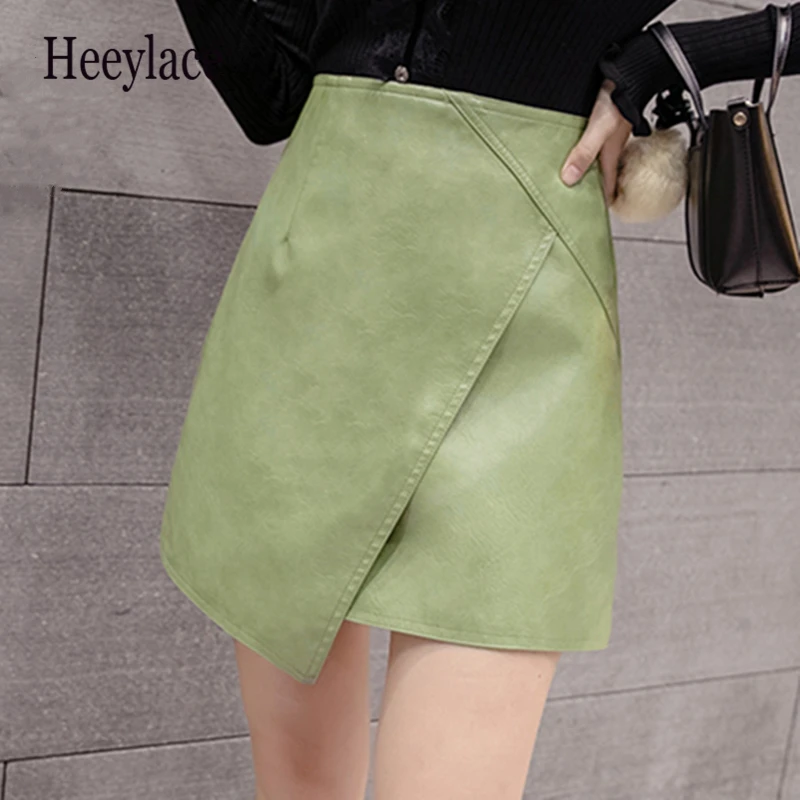 

Autumn Winter Irregular Faux PU Leather Women Skater A-Line Skirt 2021 New High Waist Office Wrap Pencil Sexy Mini Skirts
