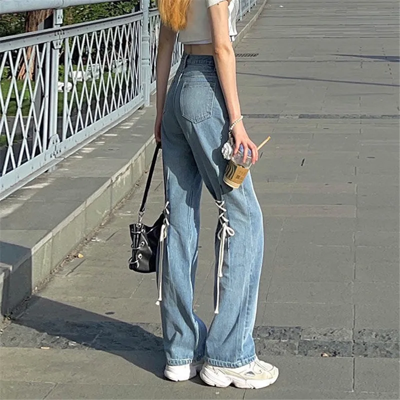 High Waist Loose Jeans For Women Comfortable Fashion Casual Straight Wide Leg Baggy Pants Tie Up Boyfriend Streetwear Jeans