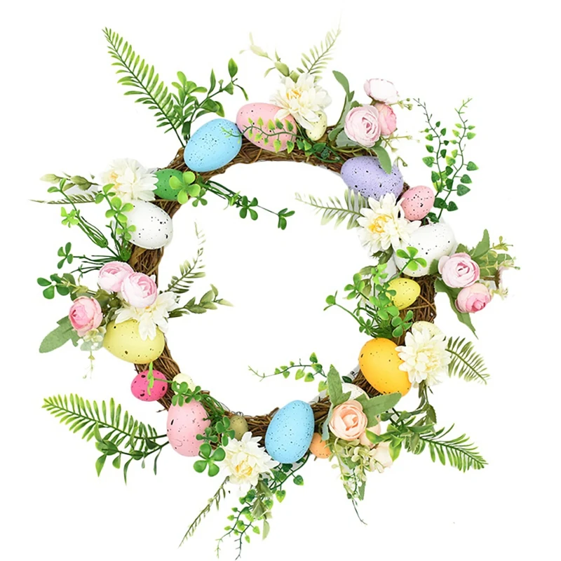 

Easter Wreath with Colorful Eggs, Easter Egg Wreath Artificial Flower Wreath for Front Door Wall Easter Decorations