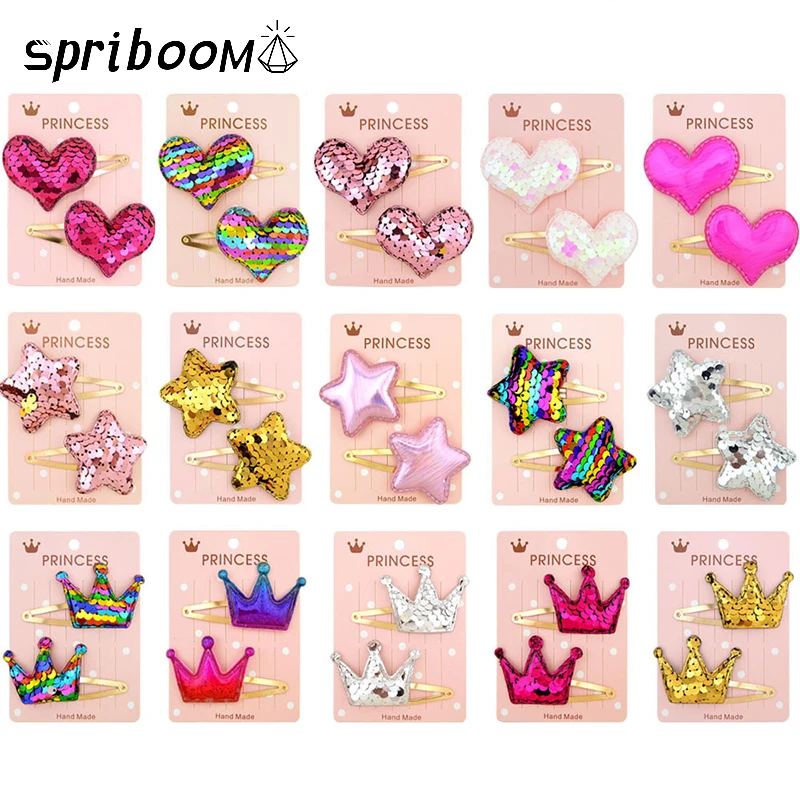 

2Pcs/set Lovely Sequins Hair Clips for Children Kids Cute Heart Star Crown Hairpins Boutique Hairgrip Baby Hair Accessories Gift