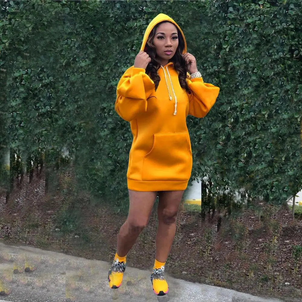 

Plus Size L-4XL Fashion Hooded Dress With Pocket Drawstring Mini Dresses Streetwear Long Sleeve Autumn And Winter Clothes