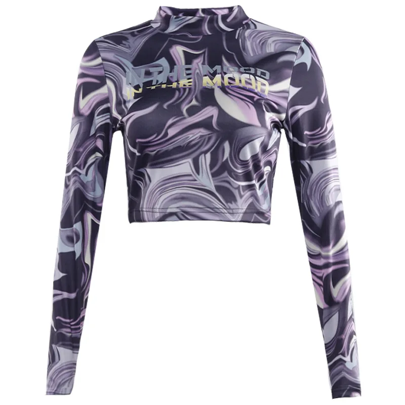 

Casual Spring Women's Slim High Collar Long-Sleeved Letter Printing Purple Short Shirt Top 2021 New Fashion