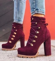 2021 women flock rivet ankle boots female square high heels autumn fashion sexy lace up shoes ladies retro footwear plus size 43