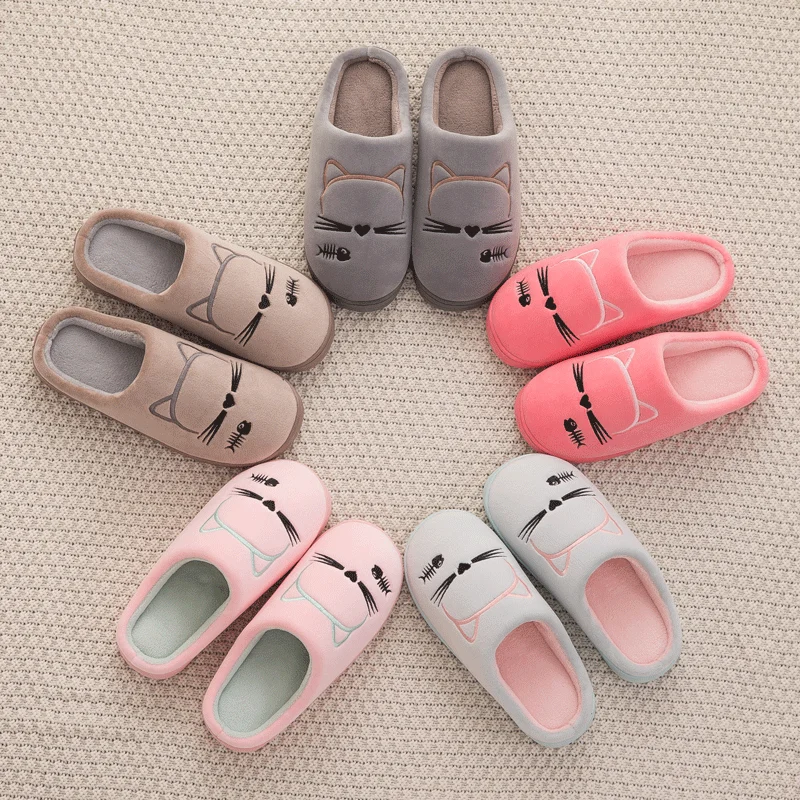 Женские зимние домашние тапочки Обувь с рисунком кота Нескользящие мягкие