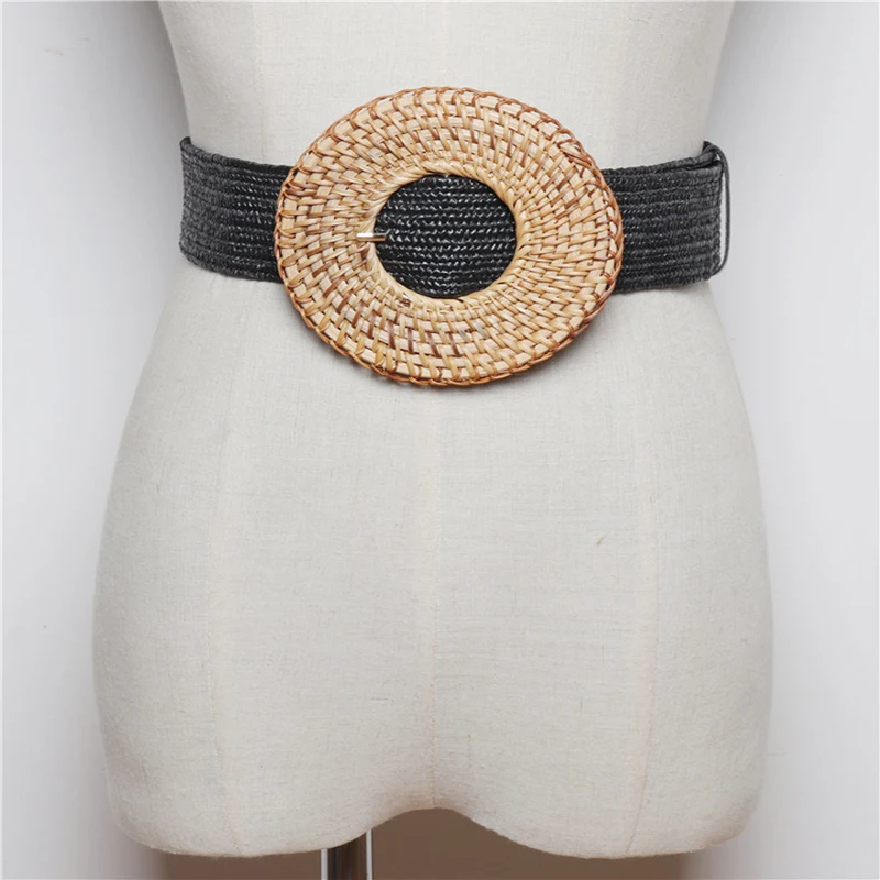Vintage Boho Braided Waist Belt Wooden Buckle Dress Belt for Women Casual Female Braided Wide Strap  Girls Elastic PP Straw Belt