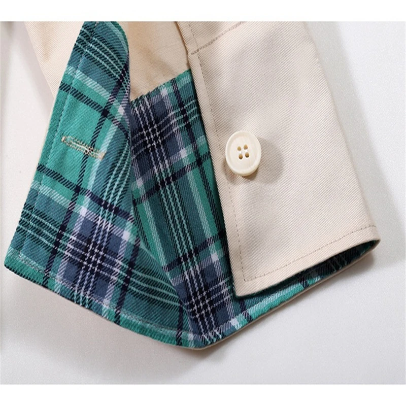 

Loose Fit Khaki Plaid Stitch Big Size Jacket New Lapel Long Sleeve Women Coat Fashion Tide Spring Autumn 2020