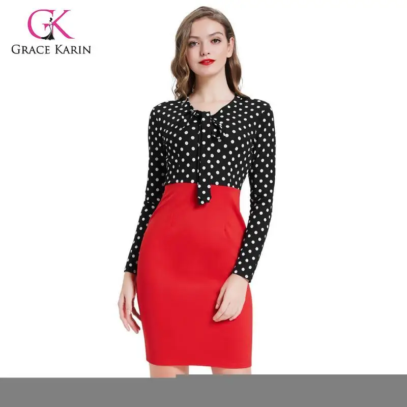 Grace Karin Pencil Dress Women Long Sleeve V Neck Polka Dot 2020 New Autumn Office Work Front Tie Slim Party Dresses | Женская одежда