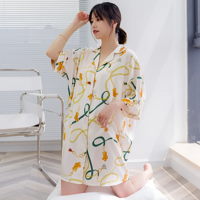 

Satin Chiffon Long Sleep Tops Ladies Summer V-neck Loose Plus Size Version Shirt Dress Chain Printed Cartoon Nightdress Women