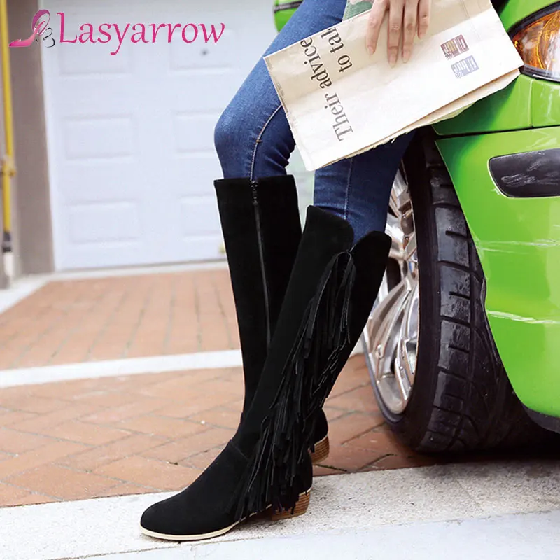 

Lasyarrow Women Boots Autumn Winter Fringe Half Knee High Boots Ladies Tassel Fleece Shoes Woman Botas Feminina Plus Size 34-48