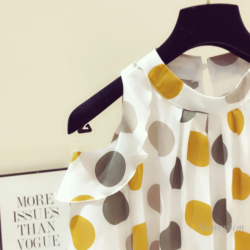 Chemisier en mousseline de soie pour femmes, épaules dénudées, à pois, manches évasées, à volants, à la mode, coupe ample, nouvelle collection été 2021