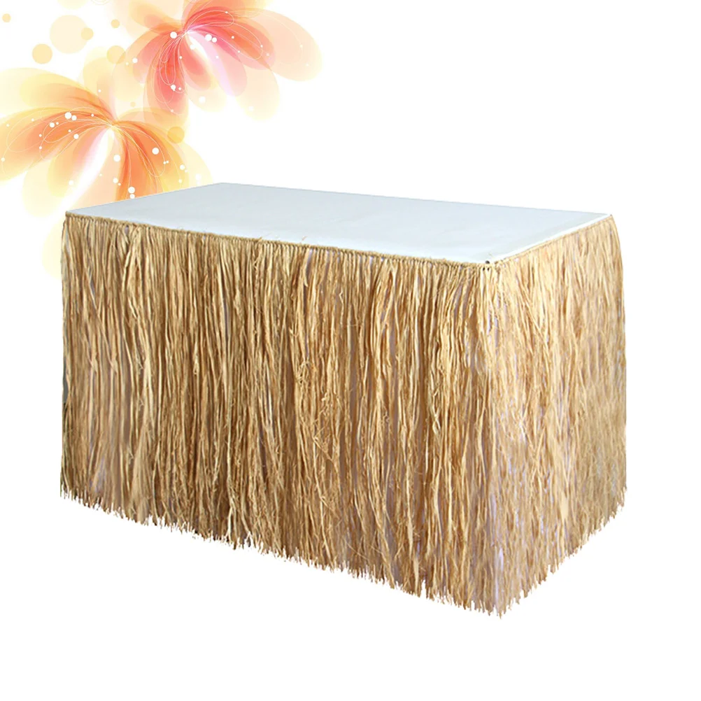 

Summer Party Table Skirt Desk Skirt Decorative Prop with Simulation Straw for Seaside Beach Party Decoration