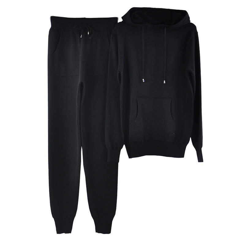 

TYHRU Women's Knitted Tracksuit Autumn Winter Hooded Solid Color Large Pocket Knit Two-piece Suit