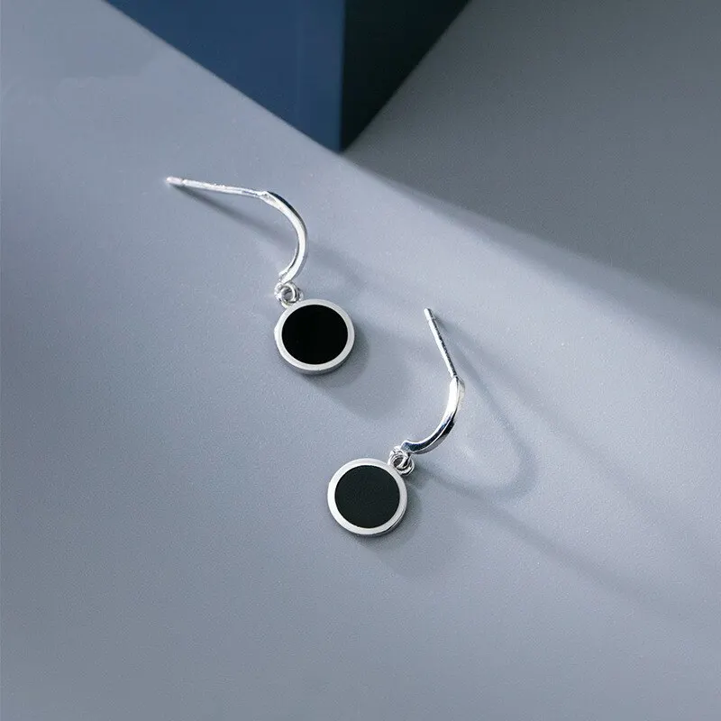 

A00659 Korean Genuine 925 Sterling Silver Geometric Round Black Stud Earrings for Women Office Elegant Earrings Jewelry