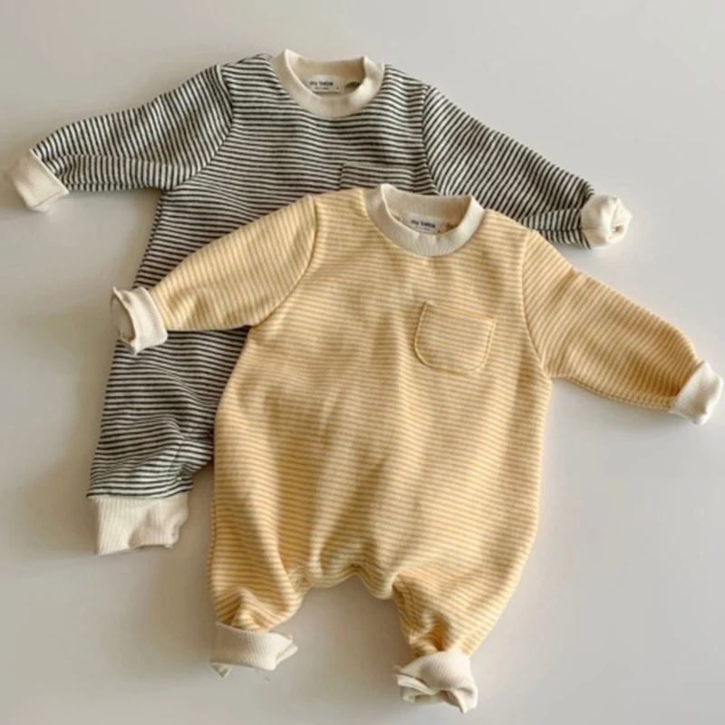 

Toddler Boys Jumpsuits Cotton Spring Baby Clothes Striped Infant Girls Boys Jumpsuits Long Sleeve Simple Style Baby Playsuit