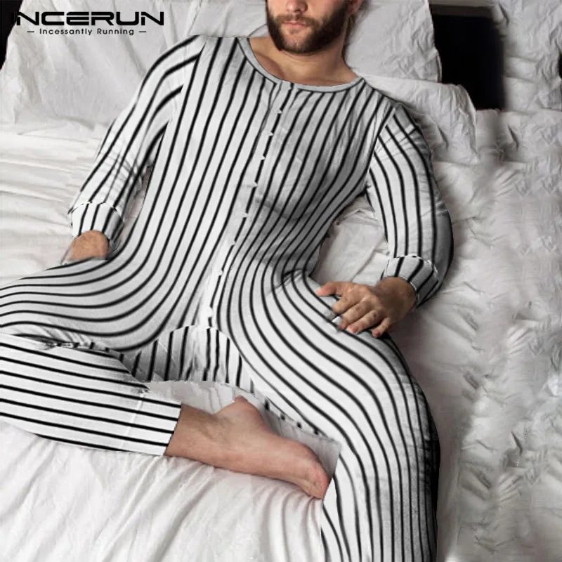 

INCERUN Men Striped Pajamas Jumpsuits Long Sleeve Button Up Leisure Homewear Rompers Cozy O Neck Mens Sleepwear Overalls S-5XL