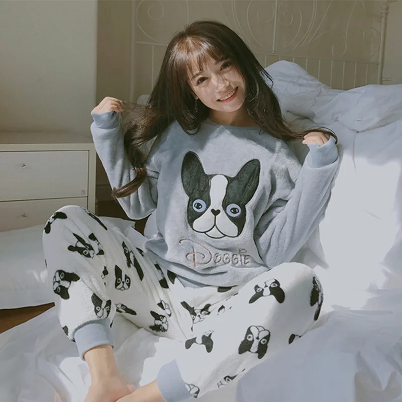 

2021 Spring Winter Warm Female Pyjamas Sets Thick Coral Velvet Long Sleeve Cartoon Sleepwear Thin Women Pajamas Set Girl