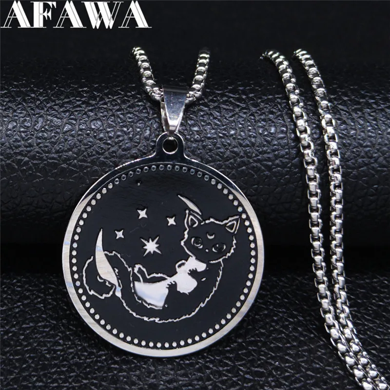 Женское Ожерелье из нержавеющей стали AFAWA Moon and Cat цепочка серебряного цвета