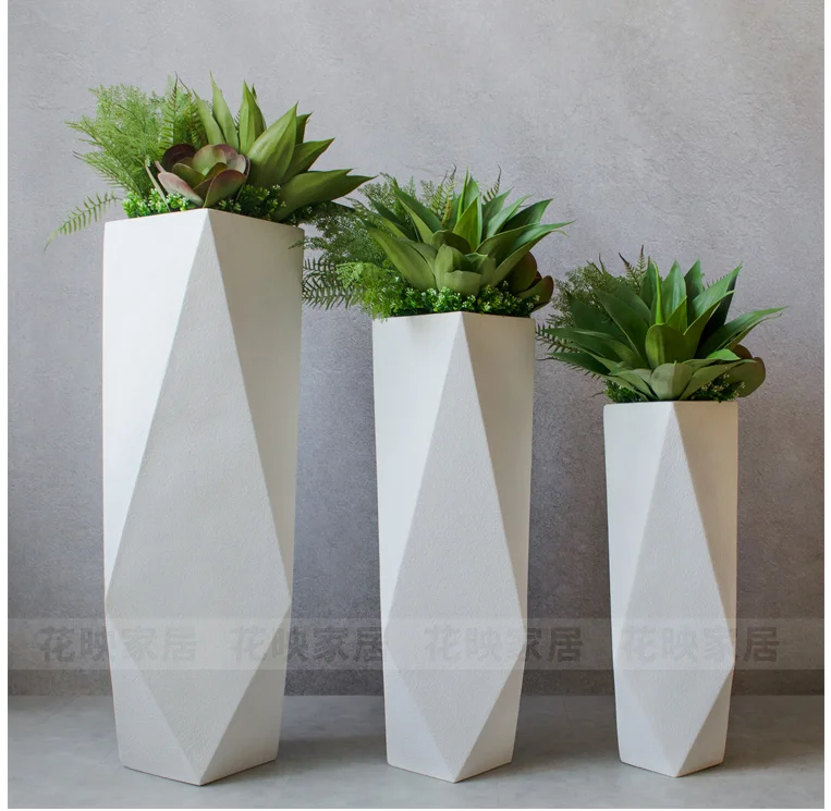 

Diamond-shaped glass fiber reinforced plastic floor-to-ceiling large vase store shopping mall flower arrangement white large flo