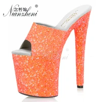 new style sexy fetish flash powder bling shallow big size womens slippers 20cm super stiletto heels 8 inches models party dress