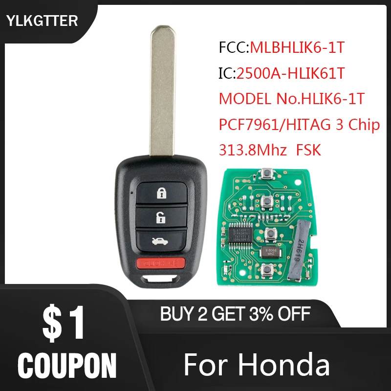 YLKGTTER 313 8 МГц 2 + 1 кнопки дистанционного ключа автомобиля для Honda CR-V 2013 2014 2015 PCF7961 чип