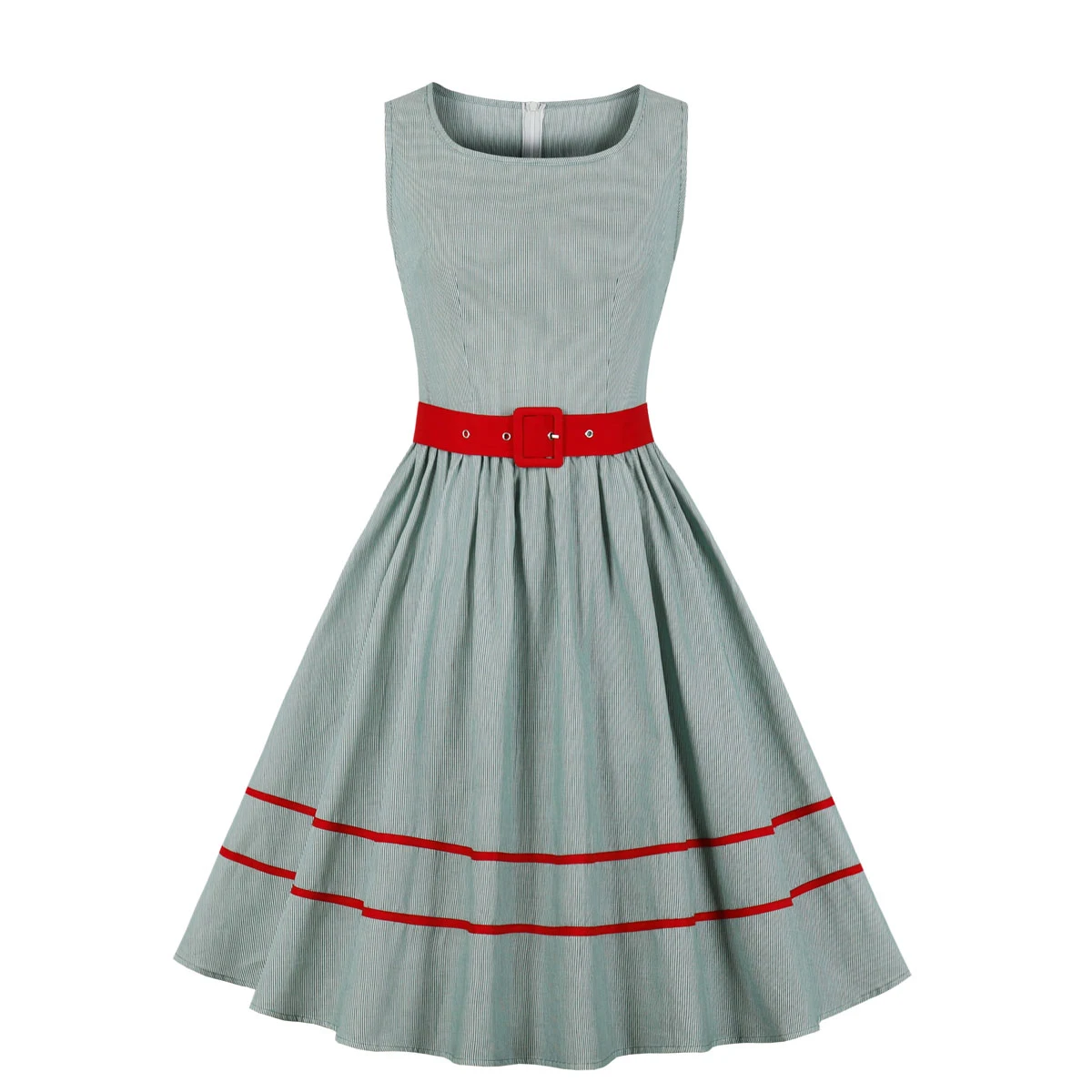 Женское винтажное платье в матросскую полоску красное без рукавов с поясом стиле