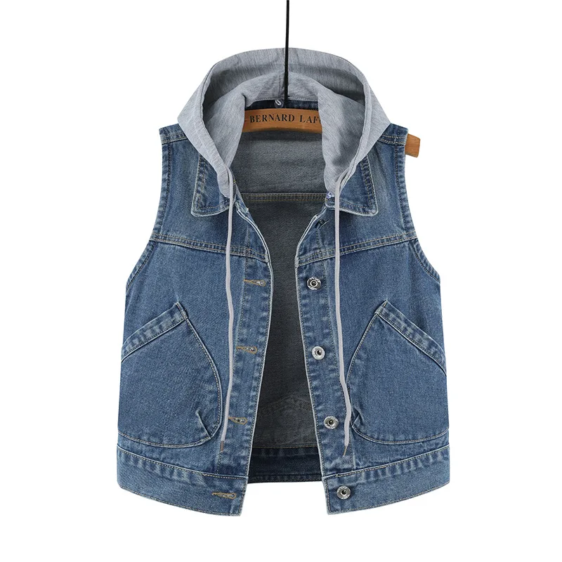 

2021 spring new denim jacket female large size short hooded big pocket sleeveless jacket all-match shawl top