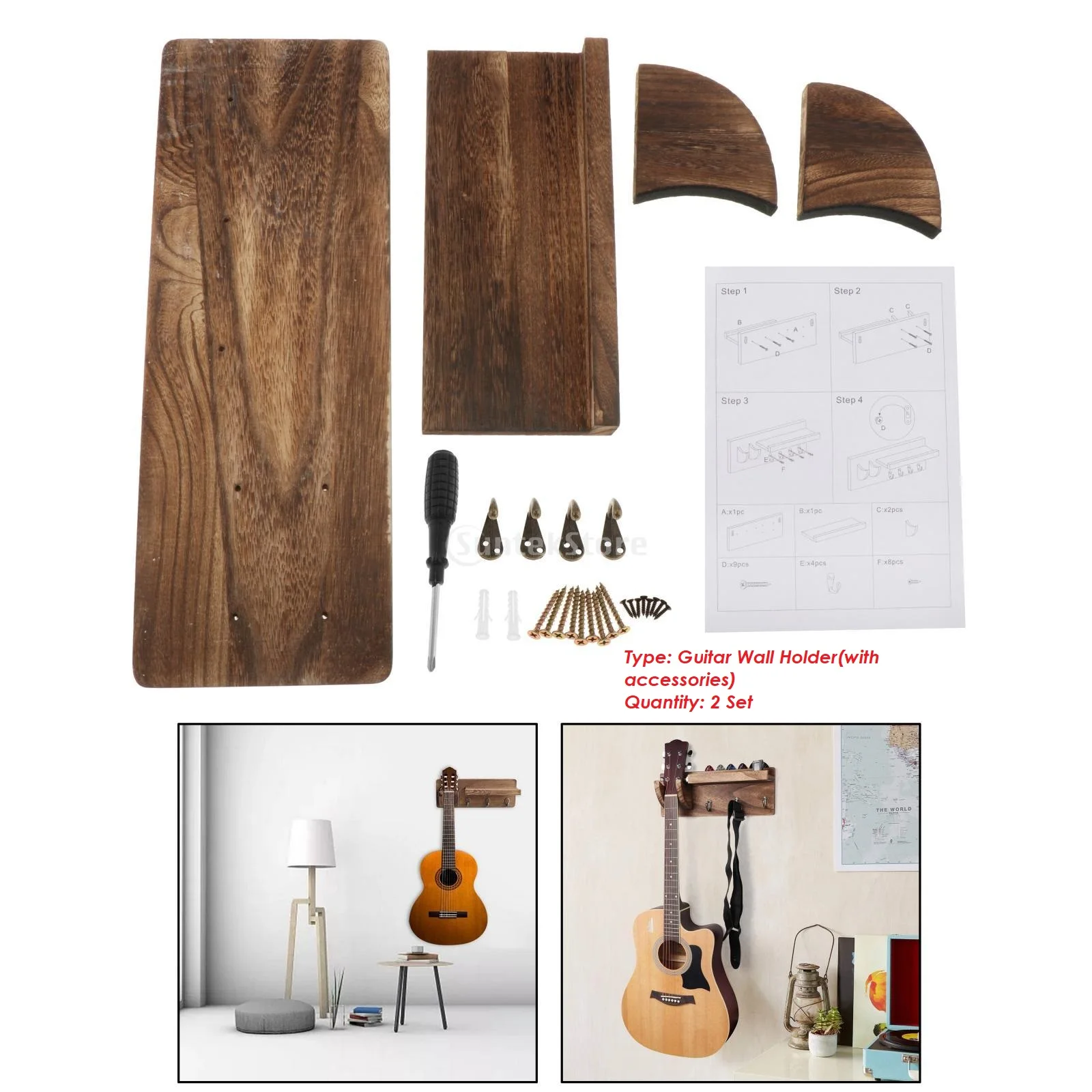 

2 Set Vintage Wooden Wall Mounted Guitar Holder Stand Shelf Wall Decor