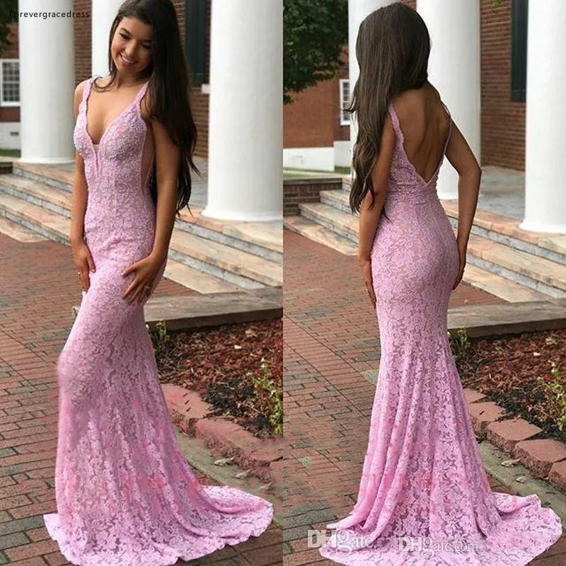 

2019 New Arrival Pink V-Neck Prom Dress Mermaid Lace Sleeveless Formal Holidays Wear Graduation Evening Party Gown Custom Made
