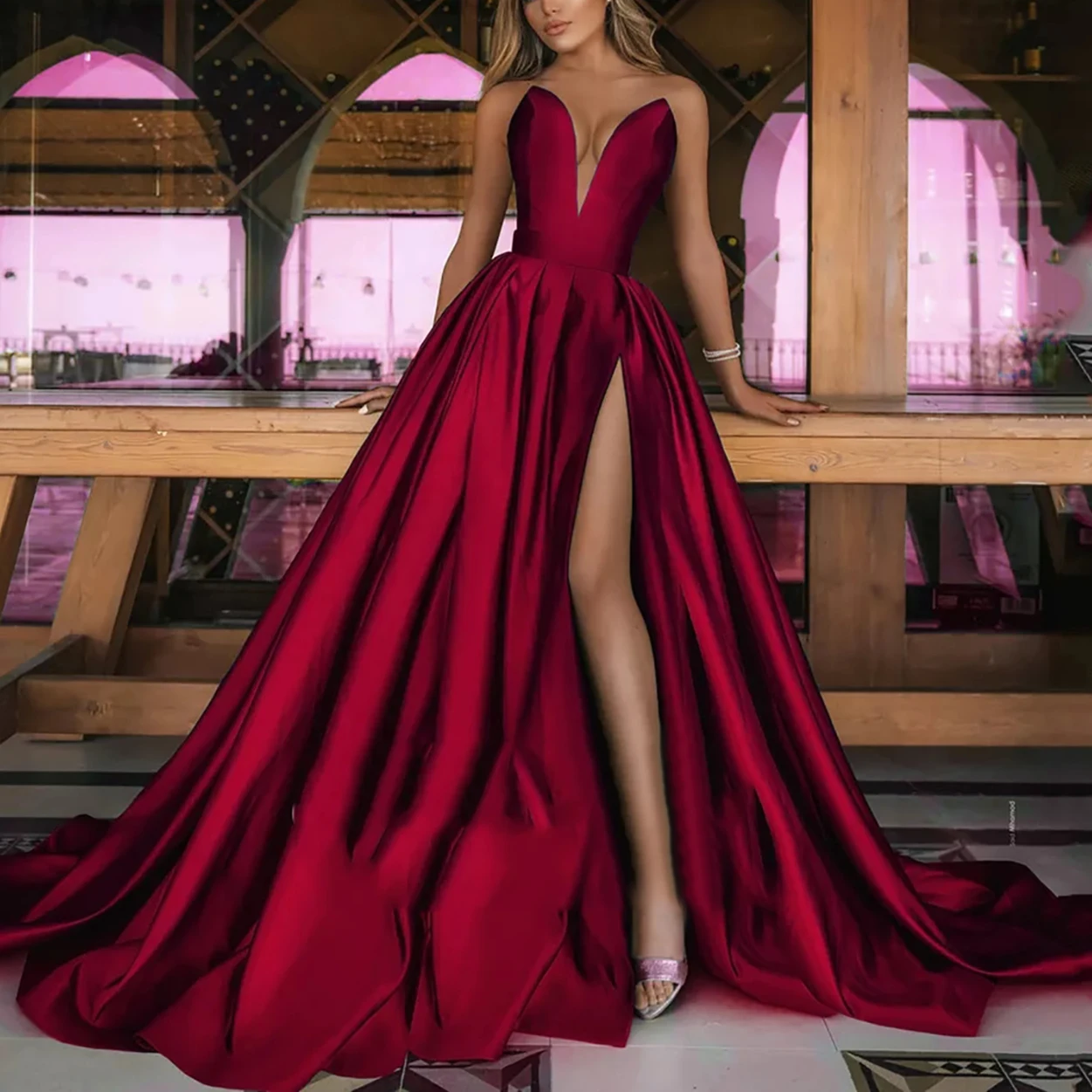 

Burgundy V-Neck Natural A-Line Floor-Length Matte Satin Long Evening Prom Dresses/Bridal Engagement Gown Big Skirt Free Shipping