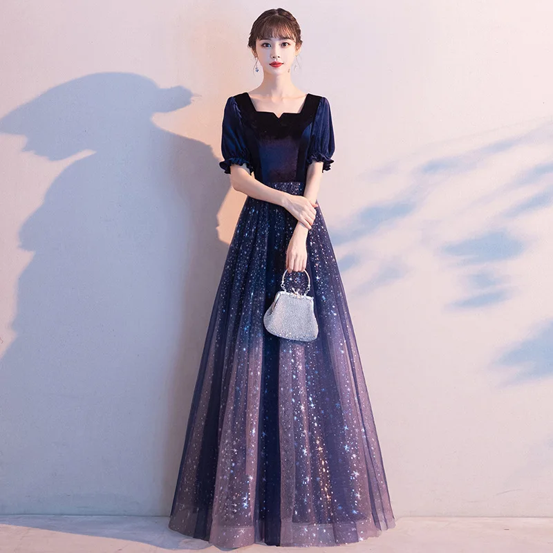 

Navy Blue Sequins Cheongsam Lantern Sleeve Bandage Qipao Starry Bling Mesh Banquet Dress Gown Sexy Gradients Celebrity Vestidos