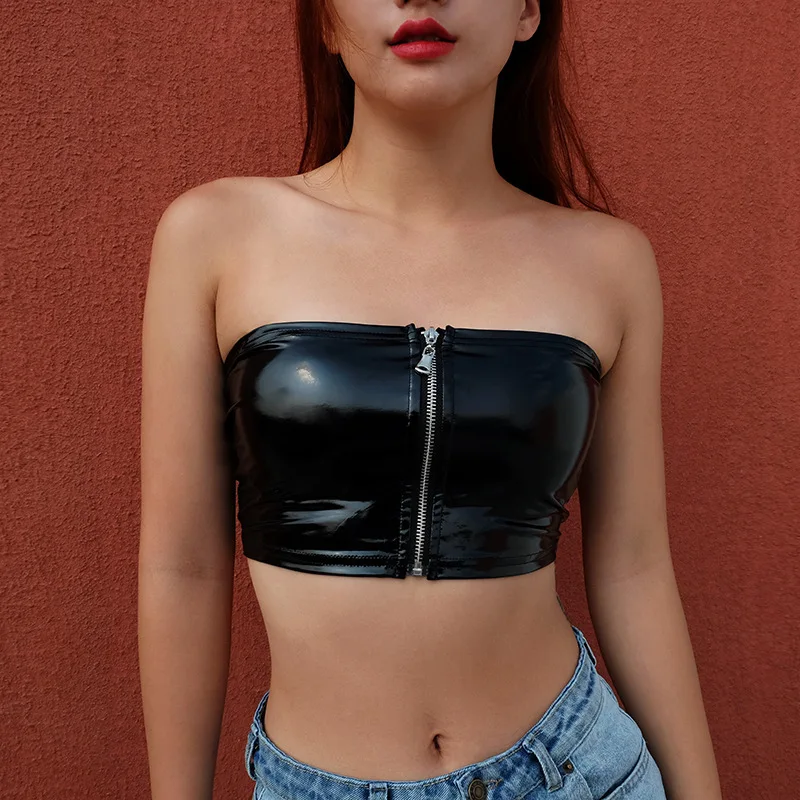 

European and American sexy patent leather pu imitation leather tight zipper short exposed navel black stage performance fun smal