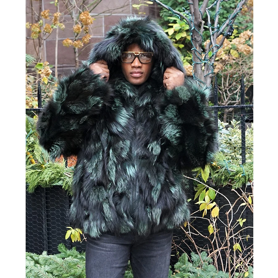 

Men's Fox Fur Jacket Hooded Winter Fur Coat Fashion Warm Overcoat Plus Size Coats Customize Any Color And Size
